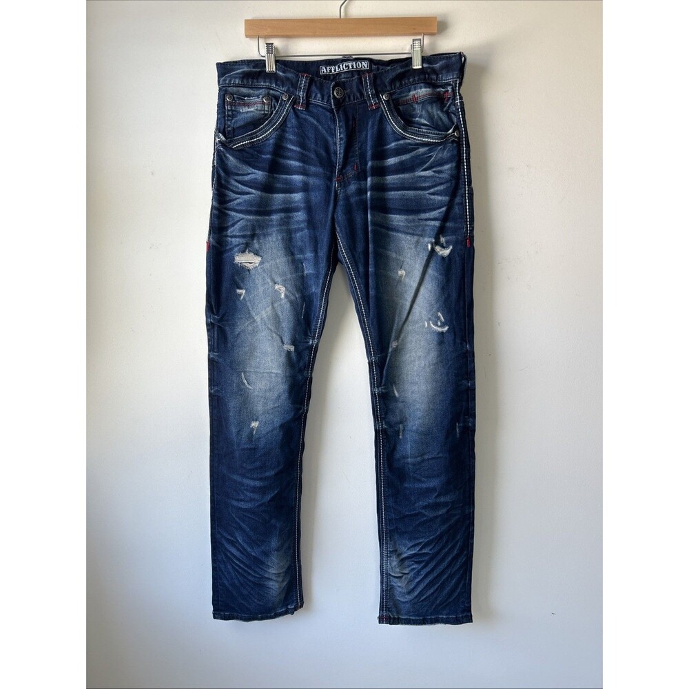 AFFLICTION GAGE Jeans Men's 34x34 Embroidery Dark Blue Thick Stitch Biker Grunge